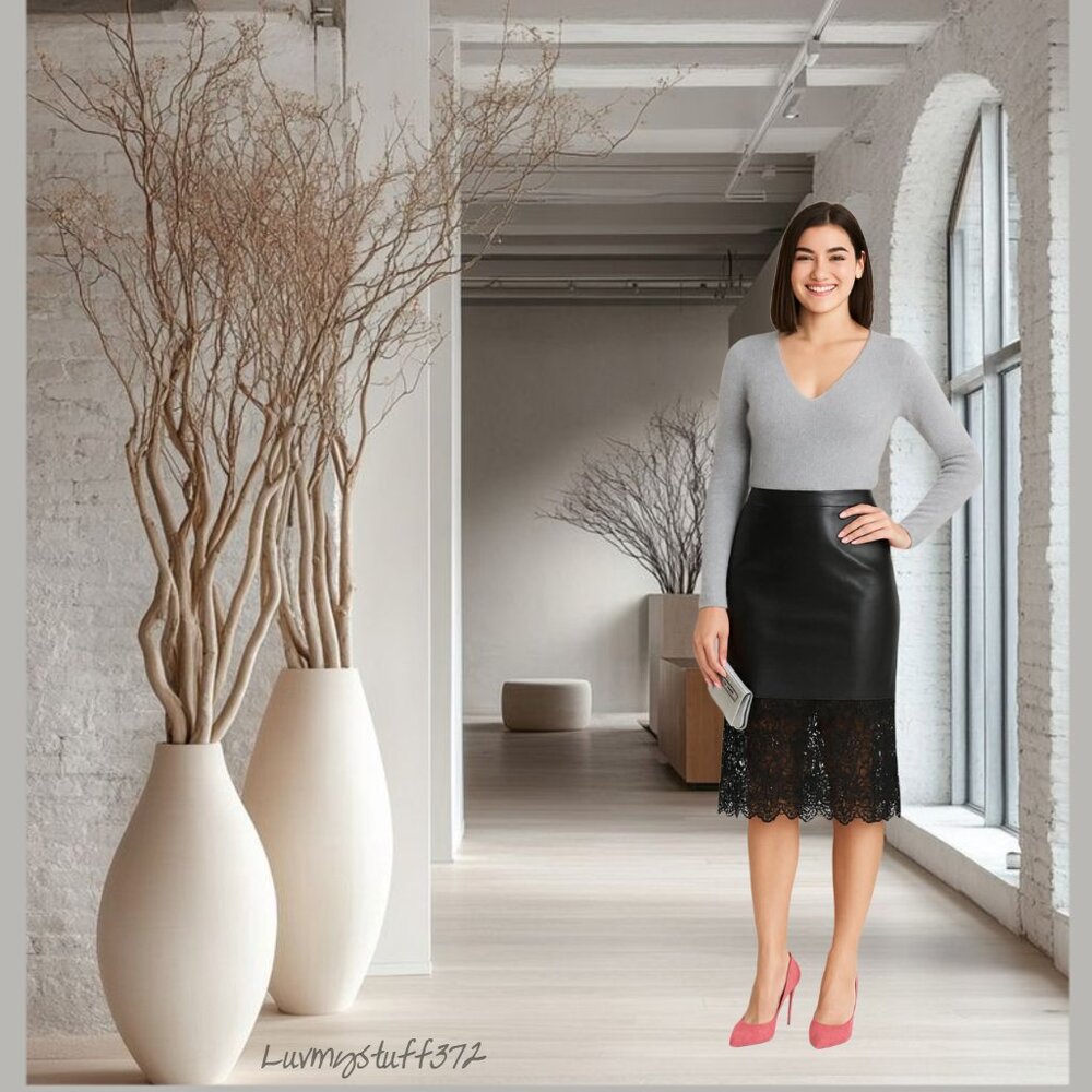 Beautiful Black Faux Leather Skirt Lace Cut out bottom - Picture 7 of 9